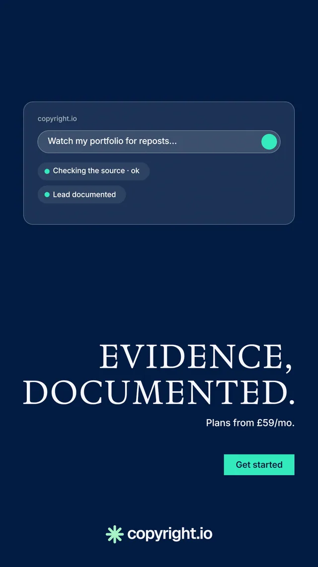 Instagram story for copyright.io: "Evidence, documented." Split block style, right layout, dark palette in blue.
