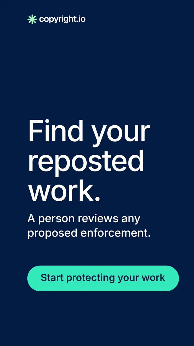 Instagram story for copyright.io: "Find your reposted work." Agentic glass style, skeleton layout, dark palette in blue, teal.
