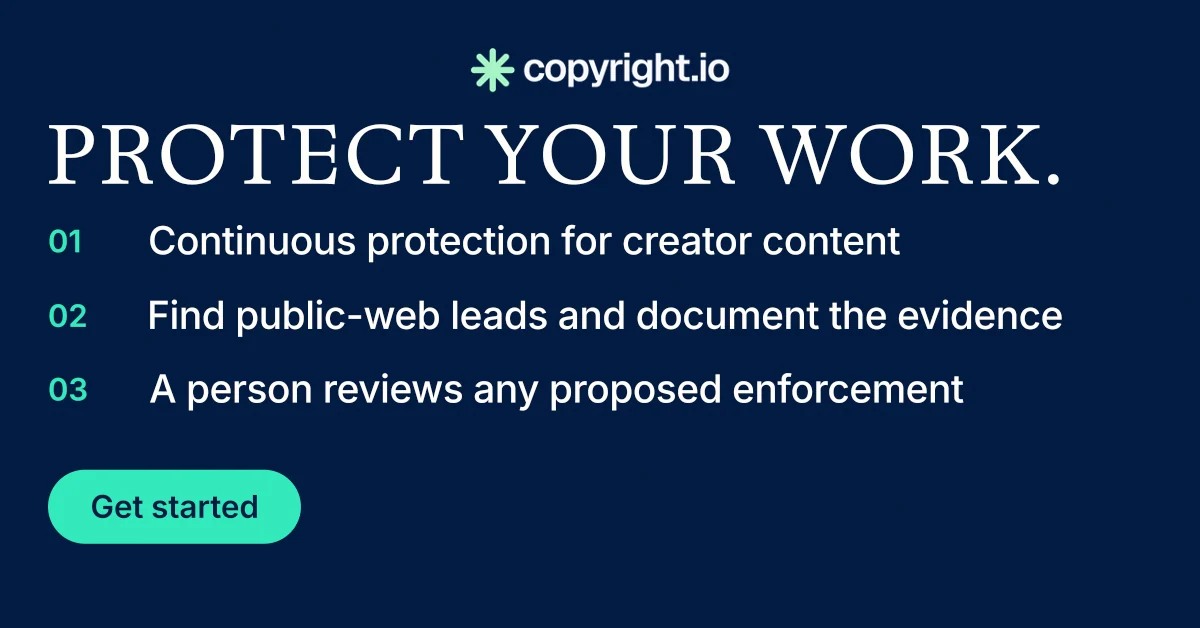 Social ad for copyright.io: "Protect your work." Y2K style, numbered layout, dark palette in blue.