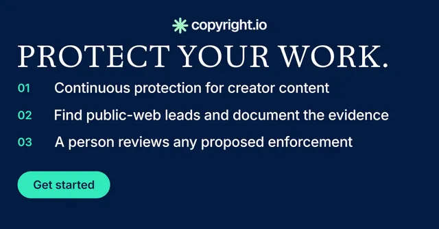 Social ad for copyright.io: "Protect your work." Y2K style, numbered layout, dark palette in blue.