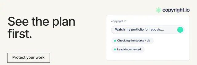 X header for copyright.io: "See the plan first." Editorial style, bottom layout, light palette in white, grey.