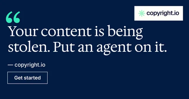Social ad for copyright.io: "Continuous protection for creators." Editorial style, quote layout, dark palette in blue.