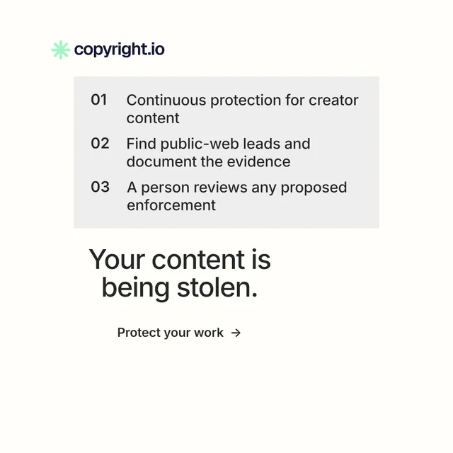 Instagram post for copyright.io: "Your content is being stolen." Minimal luxury style, skeleton layout, light palette in white.