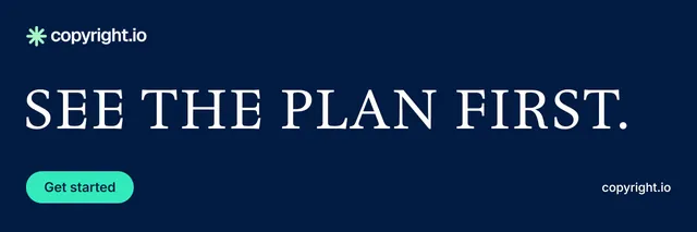 X header for copyright.io: "See the plan first." Y2K style, poster layout, dark palette in blue.
