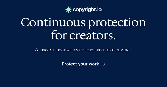 Social ad for copyright.io: "Continuous protection for creators." Y2K style, smallcaps layout, dark palette in blue.