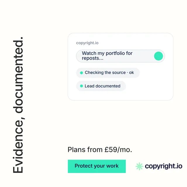 Instagram post for copyright.io: "Evidence, documented." Swiss style, vertical layout, light palette in white, teal.