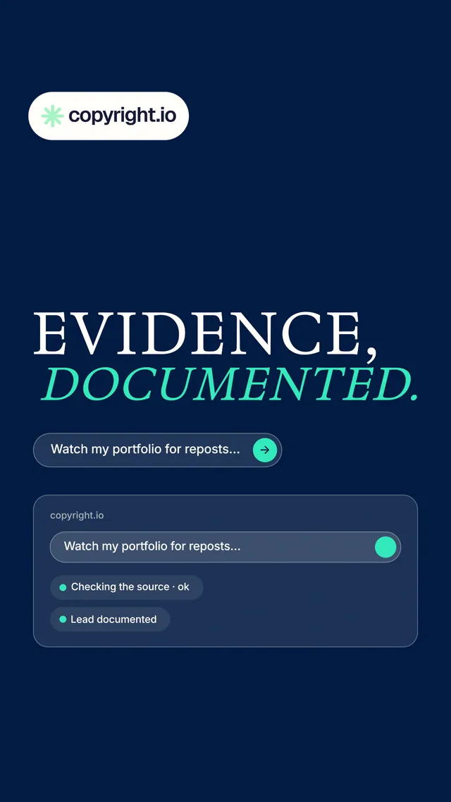 Instagram story for copyright.io: "Evidence, documented." Agentic glass style, stacked layout, dark palette in blue.