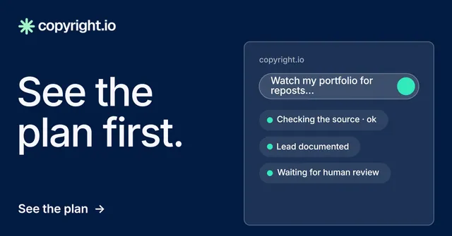 Social ad for copyright.io: "See the plan first." Minimal luxury style, bottom layout, dark palette in blue.
