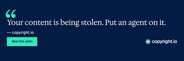 X header for copyright.io: "Reposts don't remove themselves." Swiss style, quote layout, dark palette in blue.
