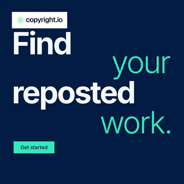 Instagram post for copyright.io: "Find your reposted work." Swiss style, stacked layout, dark palette in blue.