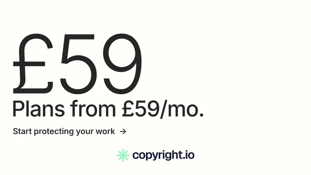 Landscape graphic for copyright.io: "Continuous protection for creators." Minimal luxury style, stat layout, light palette in white, grey.