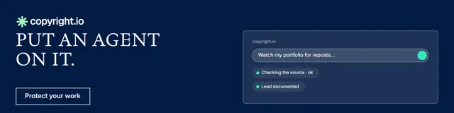 LinkedIn banner for copyright.io: "Put an agent on it." Editorial style, bottom layout, dark palette in blue.