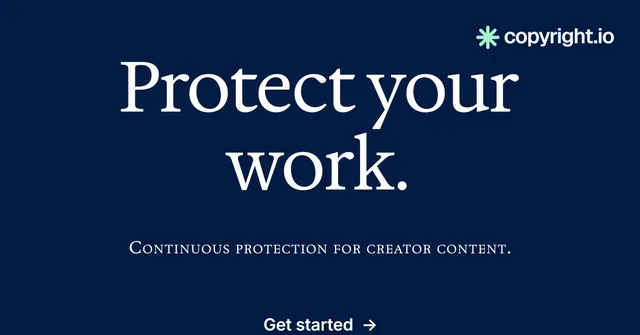 Social ad for copyright.io: "Protect your work." Agentic glass style, smallcaps layout, dark palette in blue.