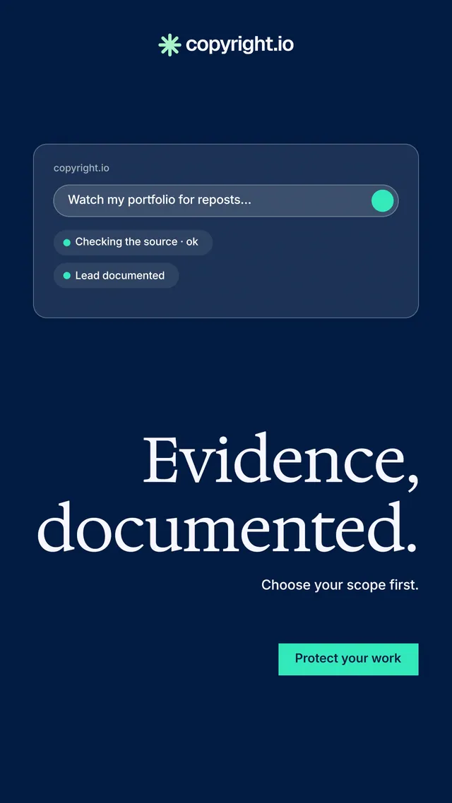 Instagram story for copyright.io: "Evidence, documented." Split block style, right layout, dark palette in blue.