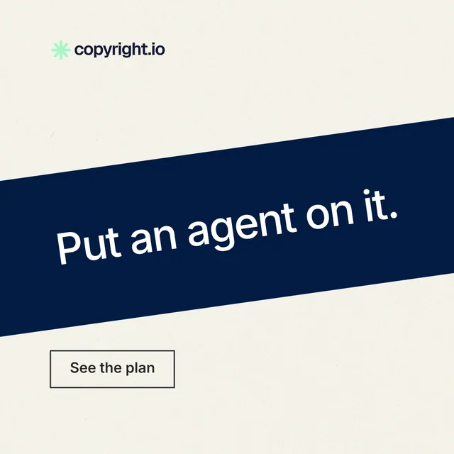 Instagram post for copyright.io: "Put an agent on it." Editorial style, diagonal layout, light palette in white, blue.