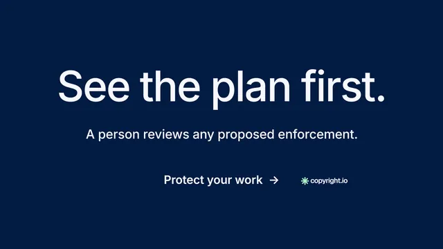 Landscape graphic for copyright.io: "See the plan first." Minimal luxury style, centred layout, dark palette in blue.