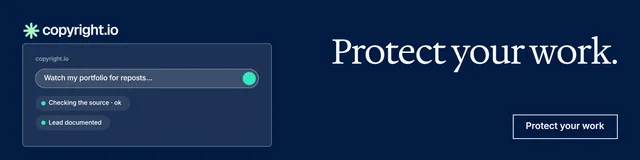 LinkedIn banner for copyright.io: "Protect your work." Editorial style, right layout, dark palette in blue.