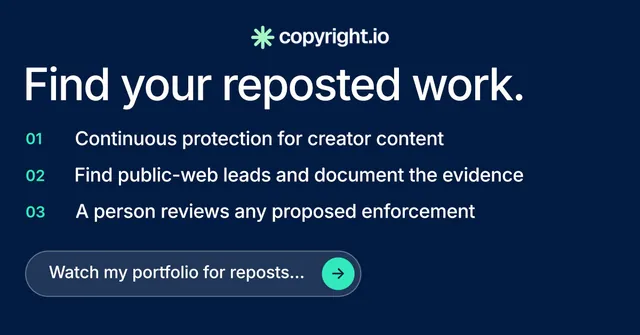 Social ad for copyright.io: "Find your reposted work." Agentic glass style, numbered layout, dark palette in blue.