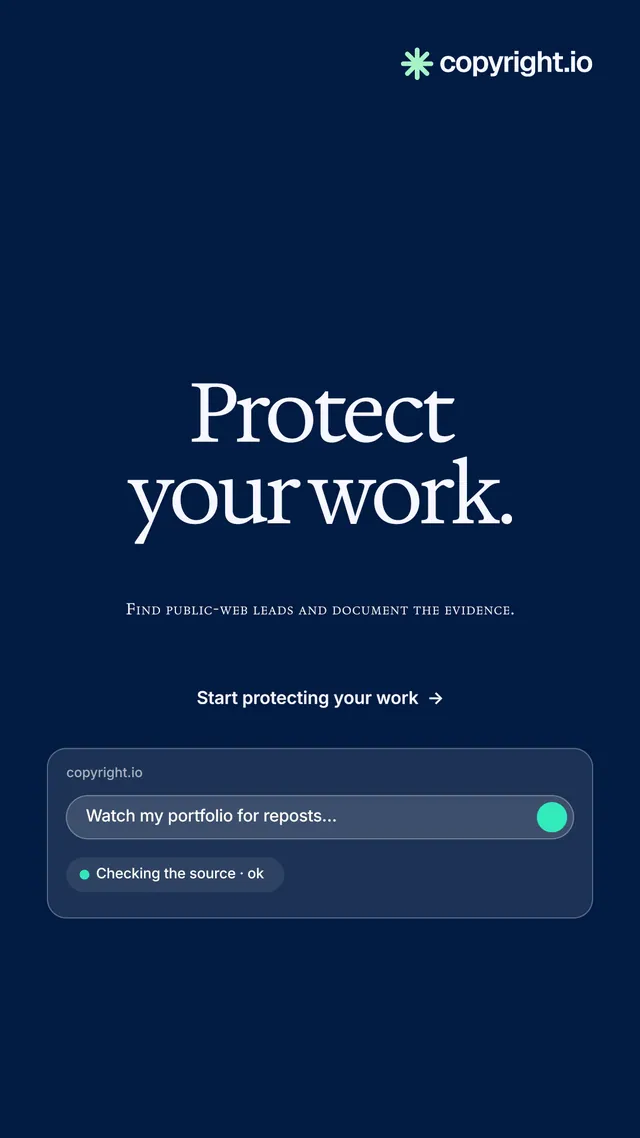 Instagram story for copyright.io: "Protect your work." Swiss style, smallcaps layout, dark palette in blue.