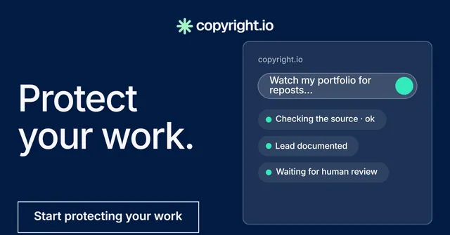 Social ad for copyright.io: "Protect your work." Editorial style, bottom layout, dark palette in blue.