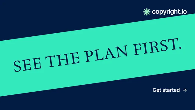 Landscape graphic for copyright.io: "See the plan first." Minimal luxury style, diagonal layout, dark palette in blue, teal.