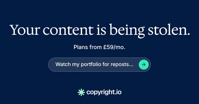 Social ad for copyright.io: "Your content is being stolen." Agentic glass style, skeleton layout, dark palette in blue.