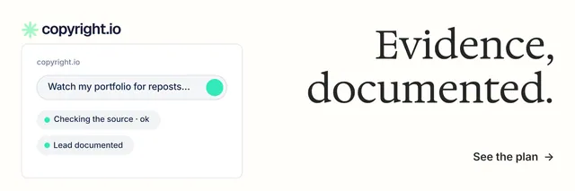 X header for copyright.io: "Evidence, documented." Minimal luxury style, right layout, light palette in white.