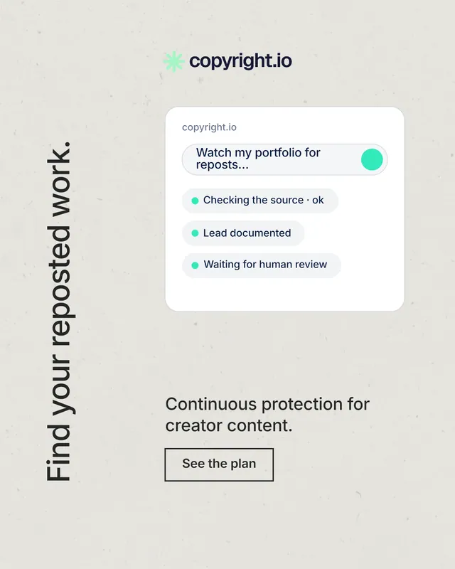Instagram portrait post for copyright.io: "Find your reposted work." Editorial style, vertical layout, light palette in white, grey.