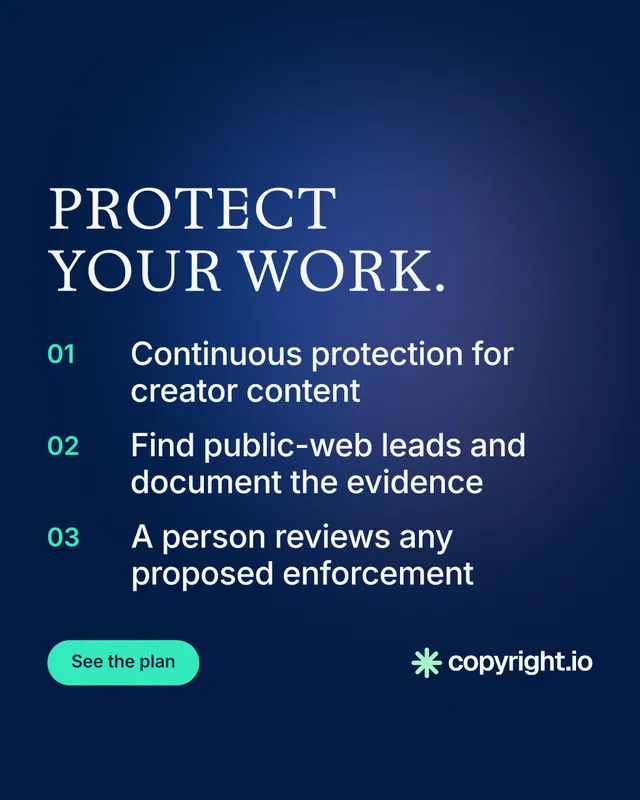 Instagram portrait post for copyright.io: "Protect your work." Y2K style, numbered layout, dark palette in blue.