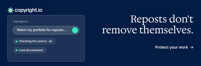 X header for copyright.io: "Reposts don't remove themselves." Minimal luxury style, right layout, dark palette in blue.