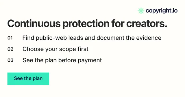 Social ad for copyright.io: "Continuous protection for creators." Swiss style, numbered layout, light palette in white, grey.