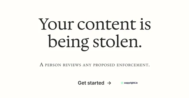 Social ad for copyright.io: "Your content is being stolen." Minimal luxury style, smallcaps layout, light palette in white, grey.