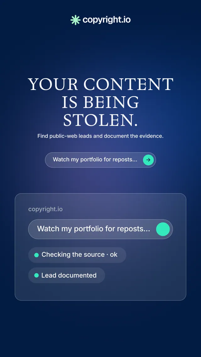 Instagram story for copyright.io: "Your content is being stolen." Agentic glass style, centred layout, dark palette in blue.