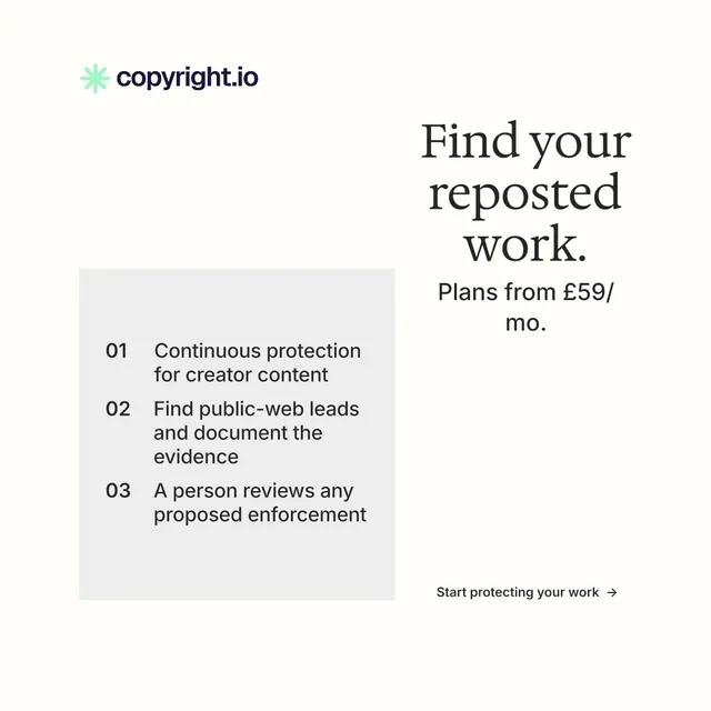 Instagram post for copyright.io: "Find your reposted work." Minimal luxury style, skeleton layout, light palette in white.