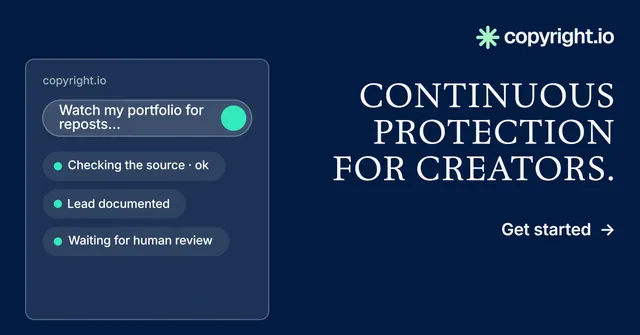 Social ad for copyright.io: "Continuous protection for creators." Minimal luxury style, right layout, dark palette in blue.
