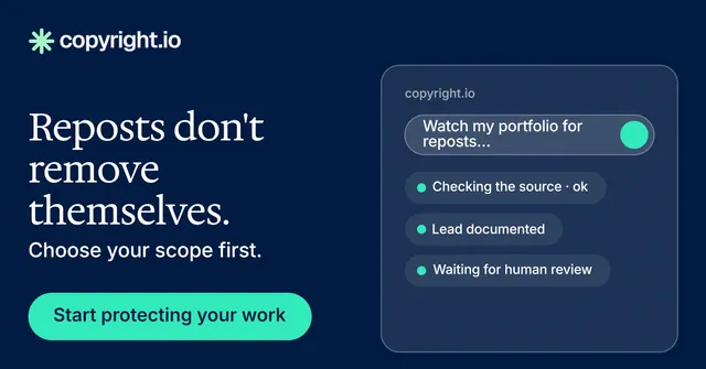 Social ad for copyright.io: "Reposts don't remove themselves." Y2K style, bottom layout, dark palette in blue, teal.