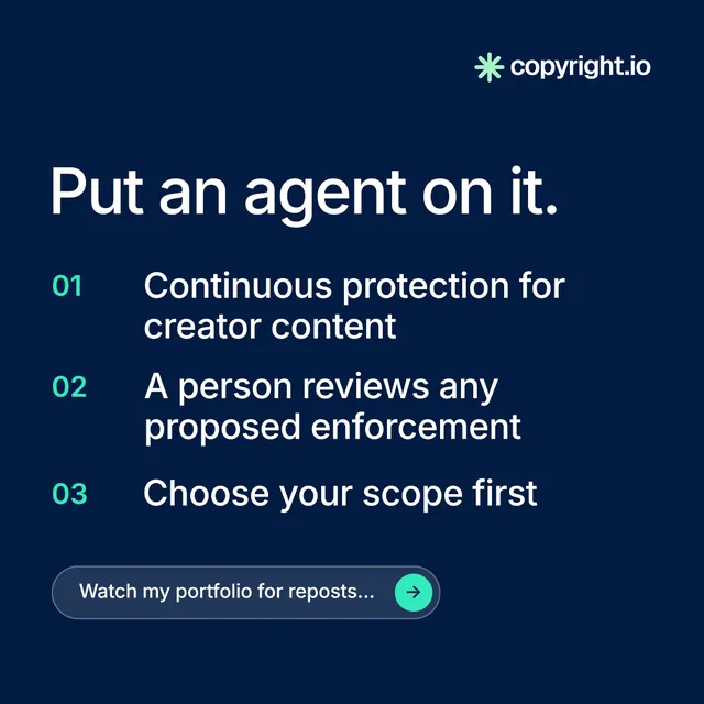 Instagram post for copyright.io: "Put an agent on it." Agentic glass style, numbered layout, dark palette in blue.