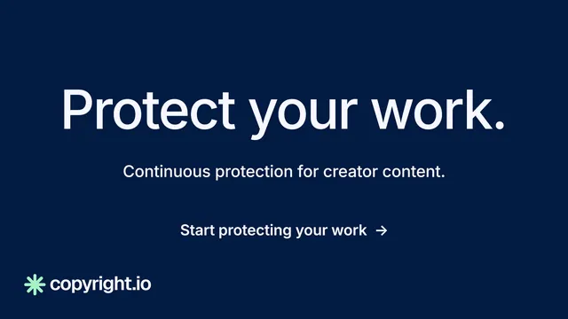 Landscape graphic for copyright.io: "Protect your work." Minimal luxury style, centred layout, dark palette in blue.