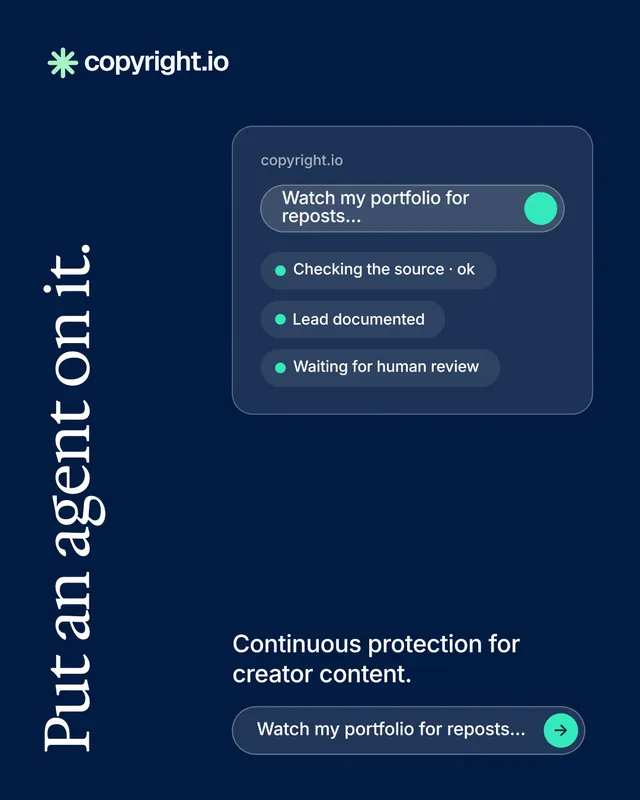 Instagram portrait post for copyright.io: "Put an agent on it." Agentic glass style, vertical layout, dark palette in blue.