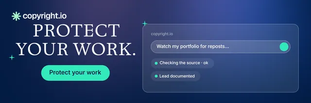 X header for copyright.io: "Protect your work." Y2K style, skeleton layout, dark palette in blue, teal.