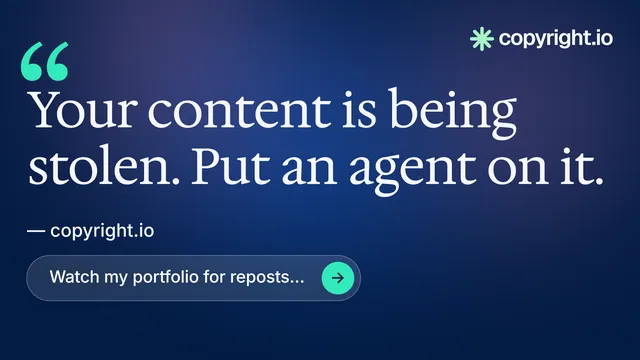 Landscape graphic for copyright.io: "Your content is being stolen." Agentic glass style, quote layout, dark palette in blue.