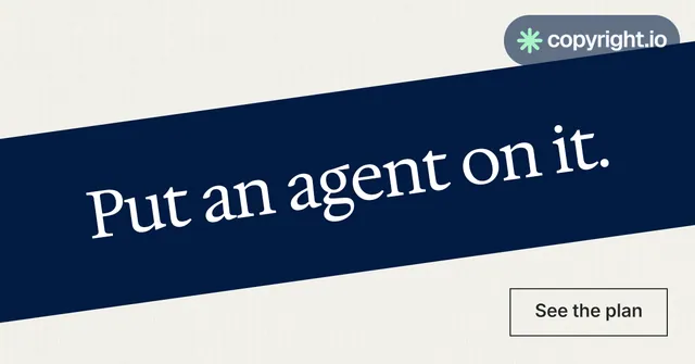 Social ad for copyright.io: "Put an agent on it." Editorial style, diagonal layout, light palette in white, blue, grey.