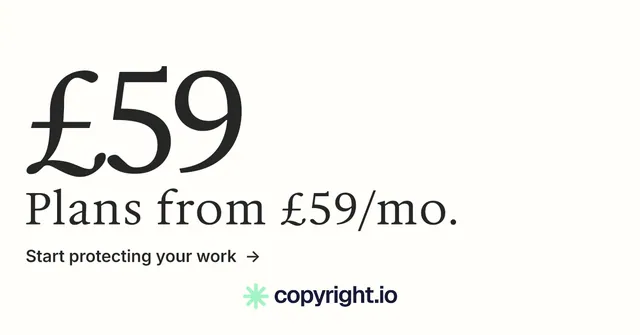 Social ad for copyright.io: "Your content is being stolen." Minimal luxury style, stat layout, light palette in white, grey.