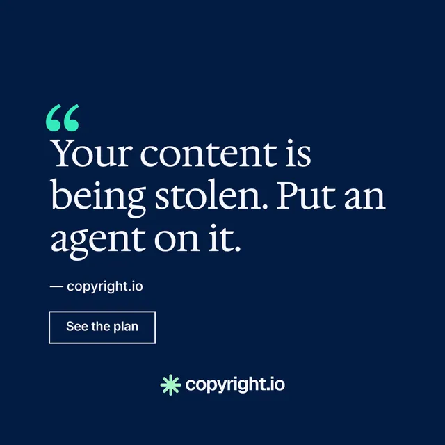 Instagram post for copyright.io: "Continuous protection for creators." Editorial style, quote layout, dark palette in blue.