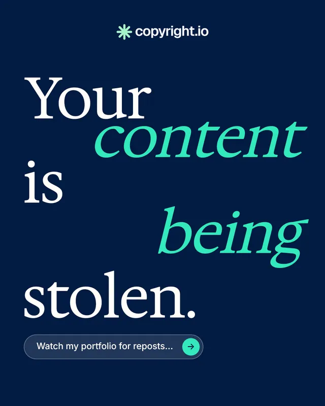 Instagram portrait post for copyright.io: "Your content is being stolen." Agentic glass style, stacked layout, dark palette in blue.