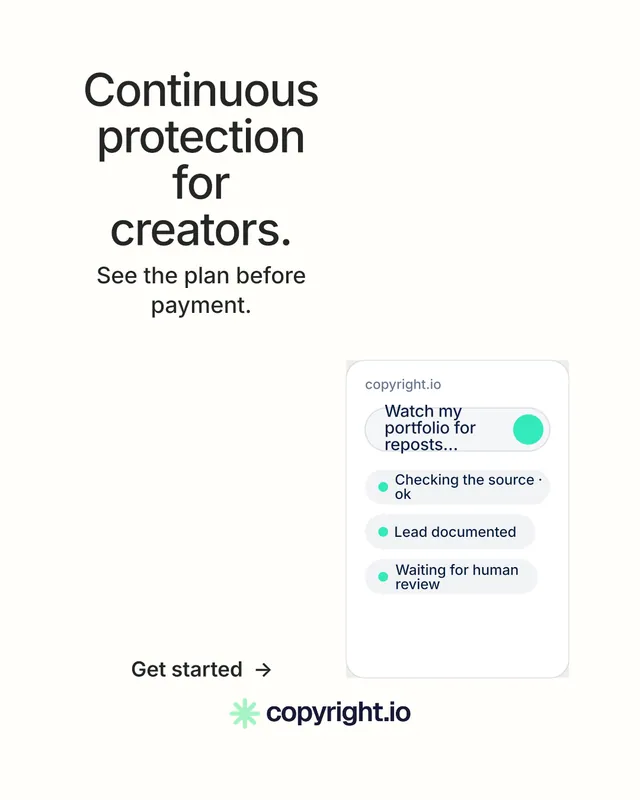 Instagram portrait post for copyright.io: "Continuous protection for creators." Minimal luxury style, skeleton layout, light palette in white.