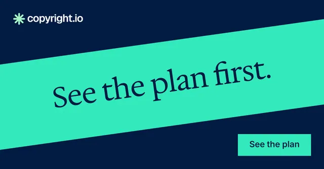 Social ad for copyright.io: "See the plan first." Split block style, diagonal layout, light palette in teal, blue.