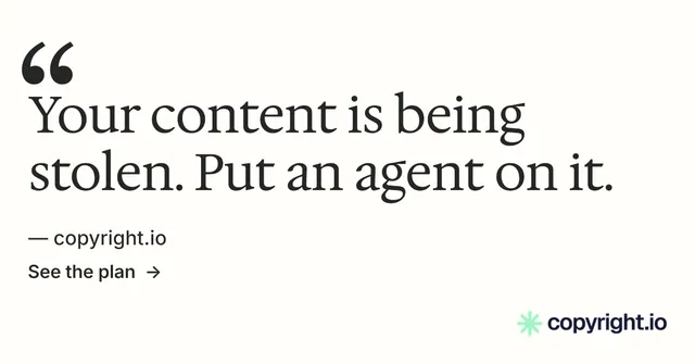 Social ad for copyright.io: "Reposts don't remove themselves." Minimal luxury style, quote layout, light palette in white, grey.