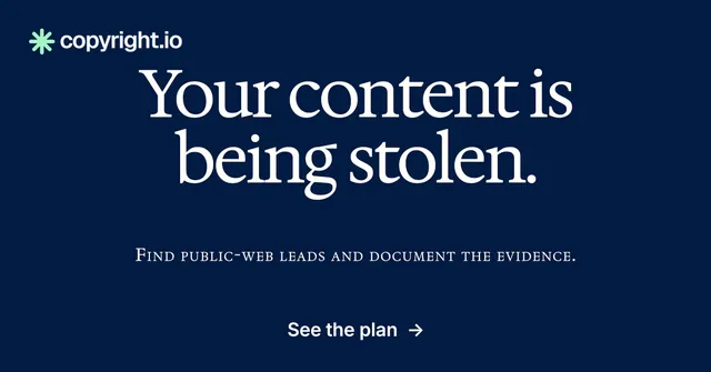 Social ad for copyright.io: "Your content is being stolen." Swiss style, smallcaps layout, dark palette in blue.