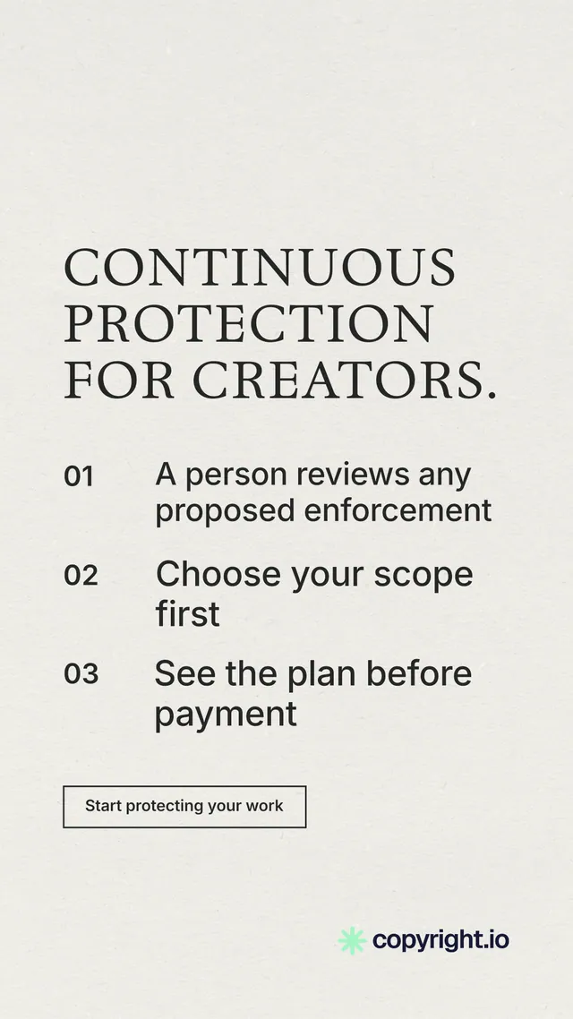Instagram story for copyright.io: "Continuous protection for creators." Editorial style, numbered layout, light palette in white, grey.